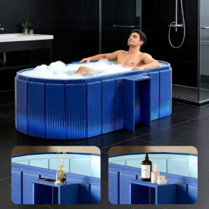 bañera plegable portátil, bañera independiente sin instalación, bañera de baño para remojo, cabina de ducha plegable para baño caliente y hielo (azul con estante de almacenamiento, 59 pulgadas de largo x 21.6 pulgadas de ancho x 19.6 pulgadas de alto)