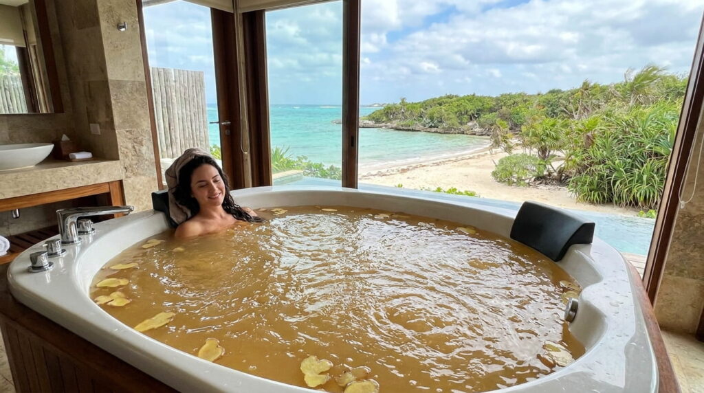 mujer bañandose en tina con jengibre
