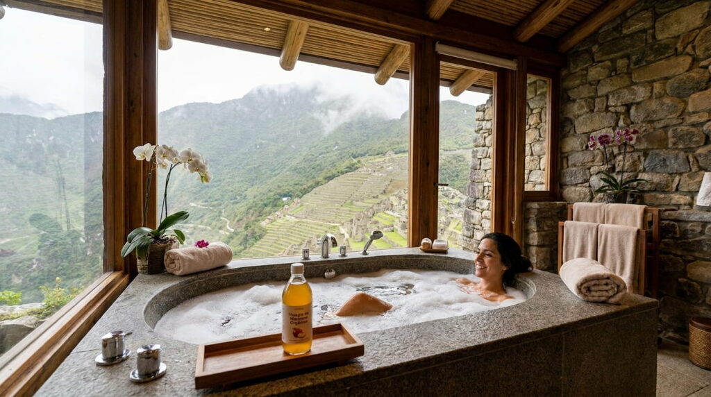 mujer en terapia de baño con vinagre de manzana