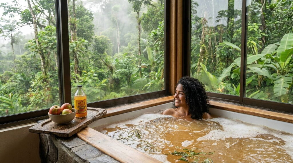 mujer haciendo hidroterapia con vinagre de manzana